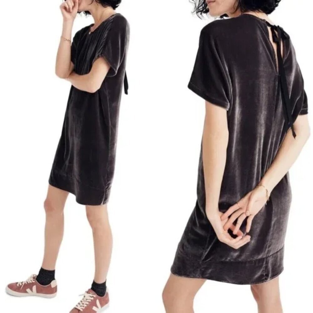 Madewell Velvet Bow‎ Back Shift Dress Silk Blend Short Sleeve Grey Brown Medium